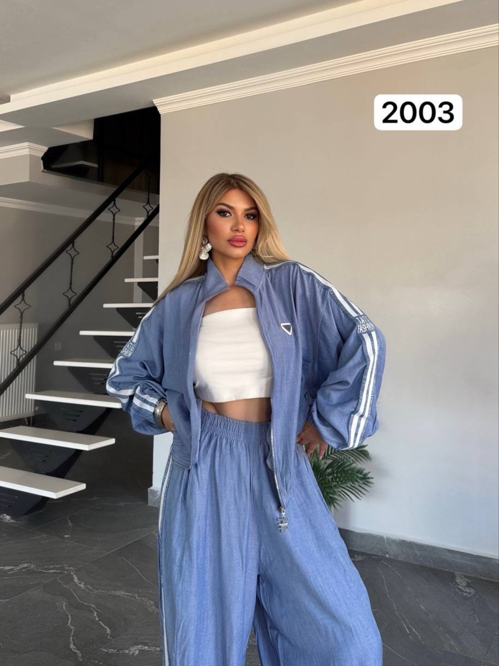 Women's Wide Leg Track Pants in Dusty Blue